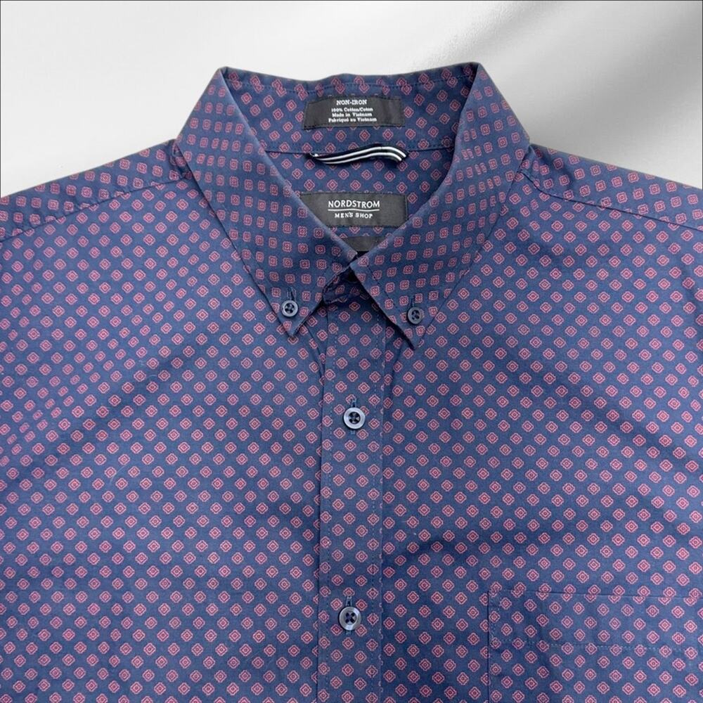 NORDSTROM Men’s Large Blue Print Dress Shirt NON-IRON